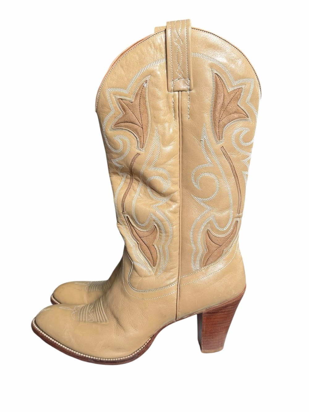 Vintage Dan Post 8.5 Tan Genuine Leather Heeled Cowboy Boots Western Boho